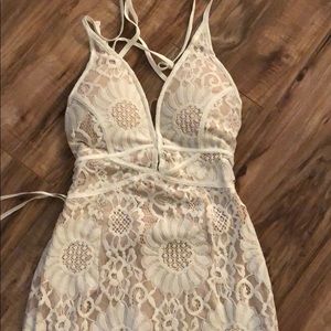 White lacy spaghetti strap dress, crosses in back